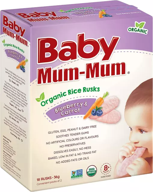 Baby Mum-Mum Blueberry and Carrot Flavour Organic Rice Rusks, 36 G (Pack of 18)