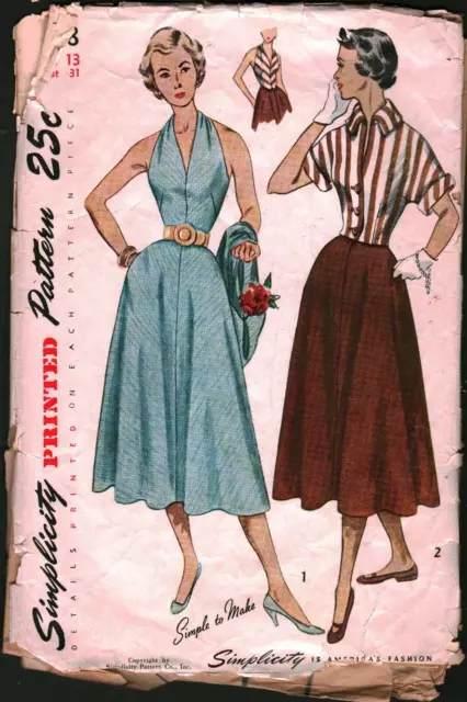 3238 Vintage Simplicity Sewing Pattern Juniors 1940s Halter Top Skirt Jacket OOP