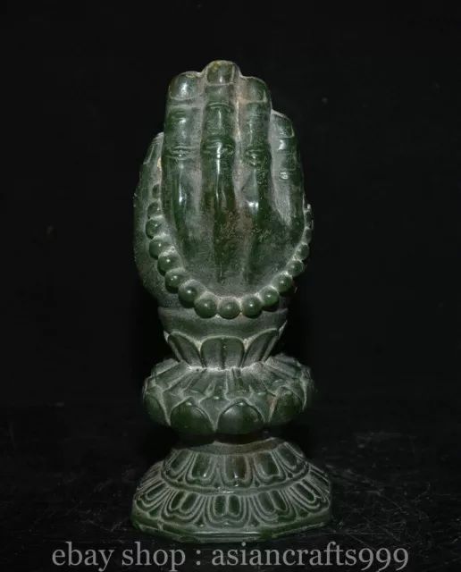 7.2" Seltene alte chinesische grüne Jade Schnitzen Dynastie Buddha Hand Skulptur