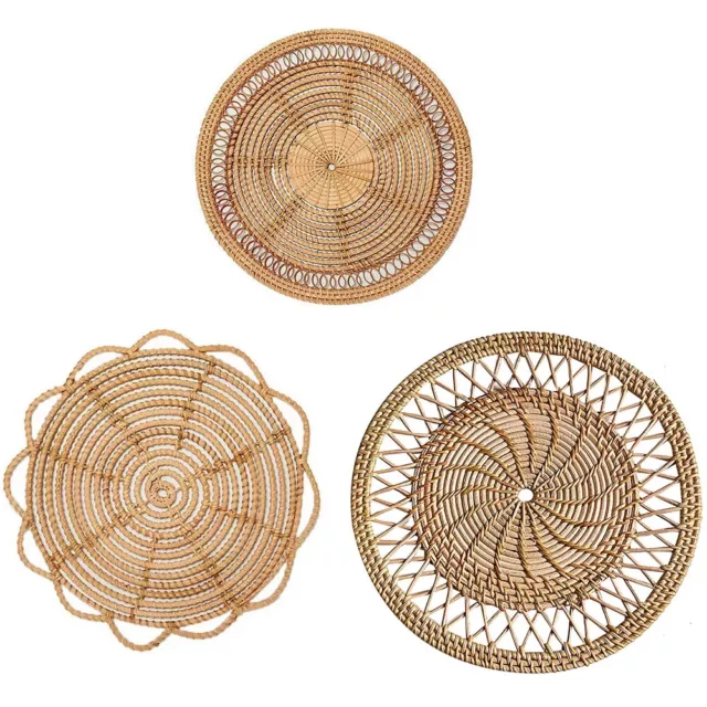 Rattan Woven Wall Hanging Decoration Round Basket Cup Mat Boho Rustic Farmhouse