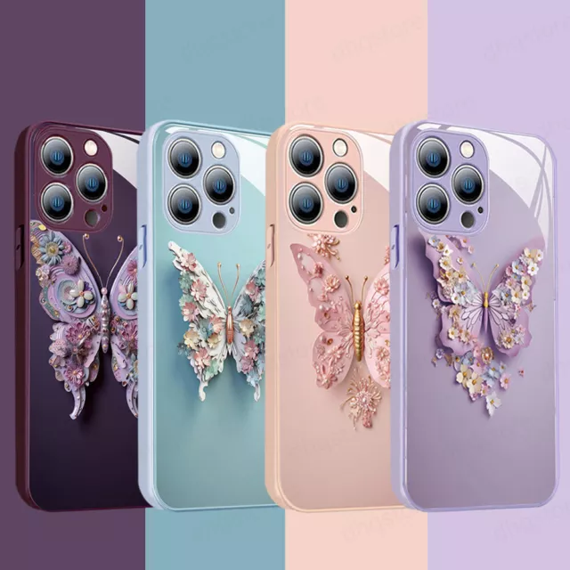 For iPhone 15 14 Pro Max 13 12 11 Butterfly Glossy Glass Back Hard Case Cover
