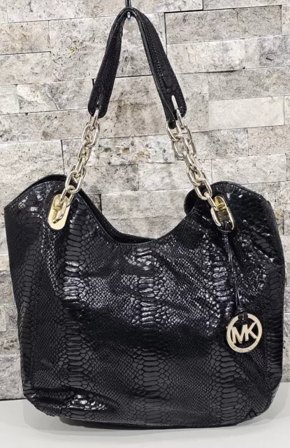 Michael Kors Lilly Black Leather Tote Python Embossed Shoulder Bag Chain Strap