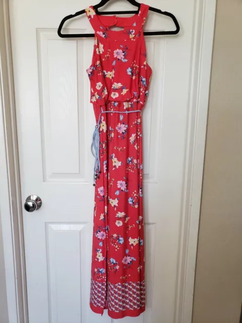 Three Pink Hearts Girls Red Maxi Dress Size 14 Sleeveless Floral