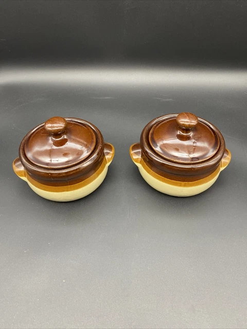 Pair of Double Handled Stoneware Bean Pots with lids