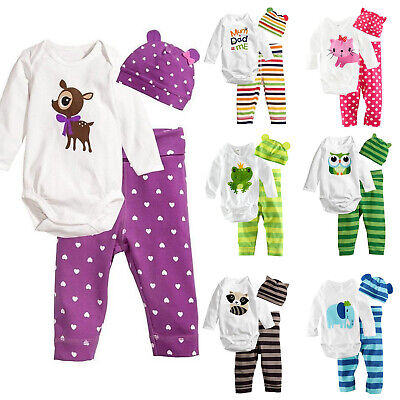 For Newborn Baby Boy Girl Clothes Romper T-Shirts Tops + Pants + Hat Outfit Sets