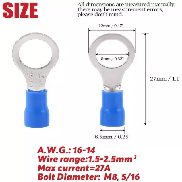 1000 PACK 16-14 Gauge 5/16" Stud Insulated Vinyl Ring Terminals Tin Copper Core