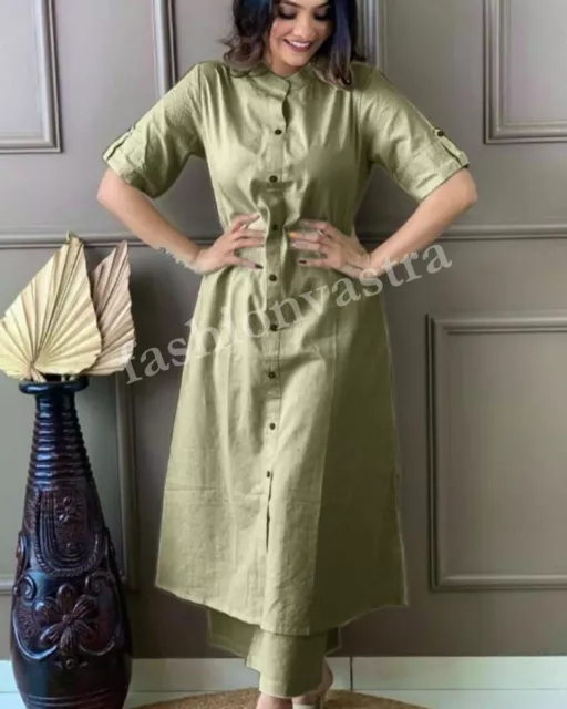 Bollywood Women's Cotton Kurti Set Indian Designer Green Kurta Pant Set for Girl