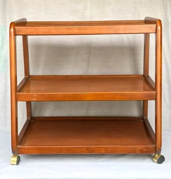 Mid Century Danish Modern Wood Serving Rolling Serving Bar Cart