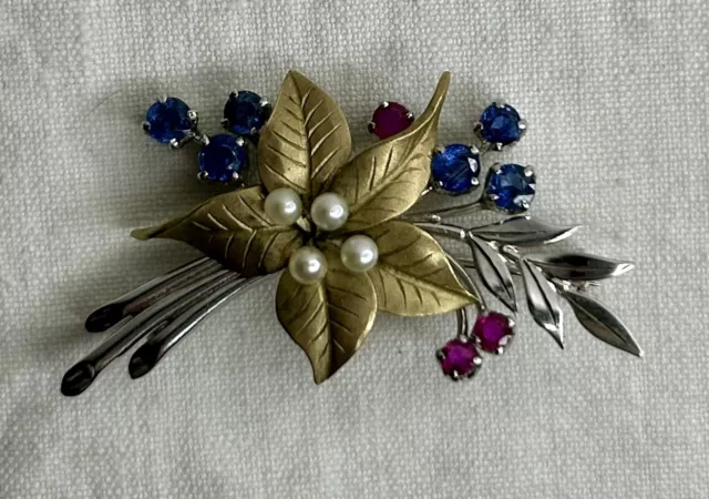 Ancienne broche Fleurs En or 9 Carats  6,4 Grs - Pierre Bleu Et Rose Spinelle