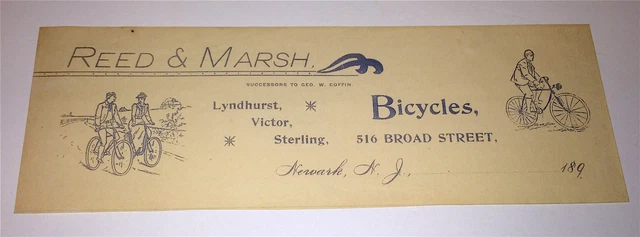 Rare Antique Victorian Bicycle Receipt - Reed & Marsh! Lyndhurst, Victor Etc NJ!