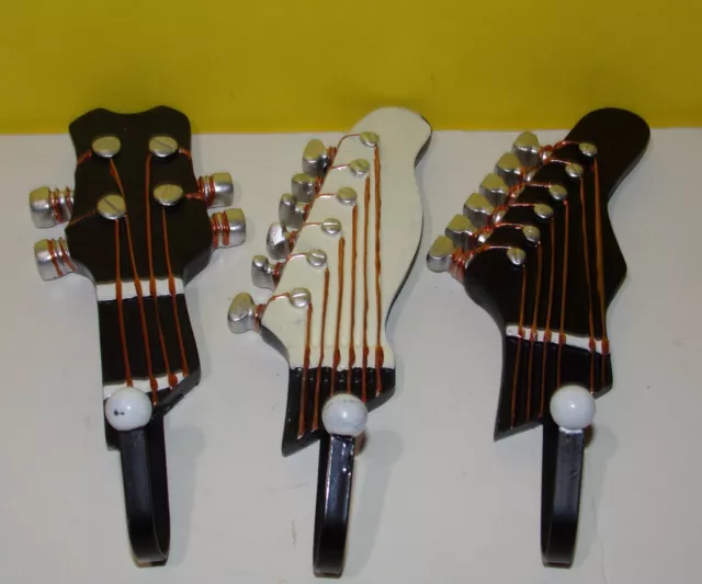 Set of 3 Guitar Heads Wall Coat Hanger Hooks 7” Long Music Musician Rock Decor