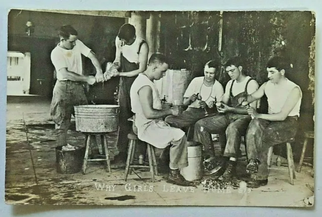 "Why Girls Leave Home" US Army Soldiers Peeling Potatoes WW1 RPPC Postcard 5479