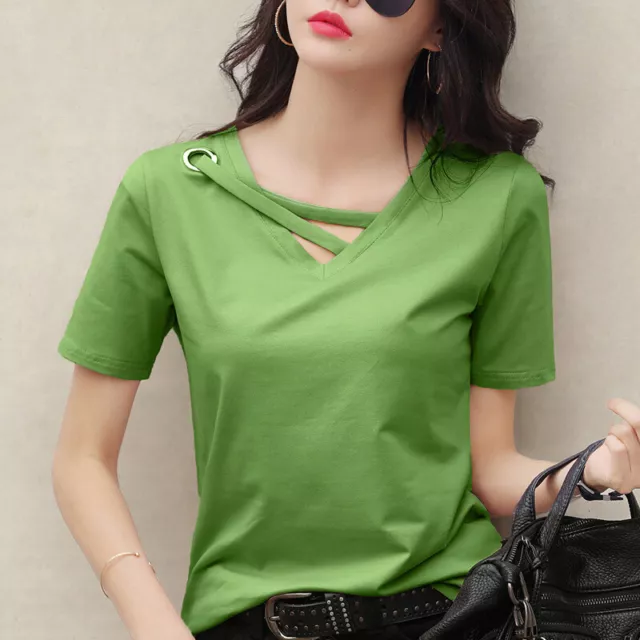 Women's Summer Short Sleeve T-shirt V-neck Loose Korean Top Casual Trend Solid