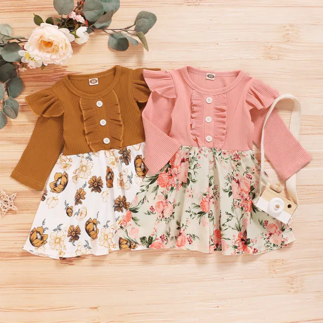 Toddler Baby Girls Winter Long Sleeve Ruffles Splice Floral Print Dress Clothes