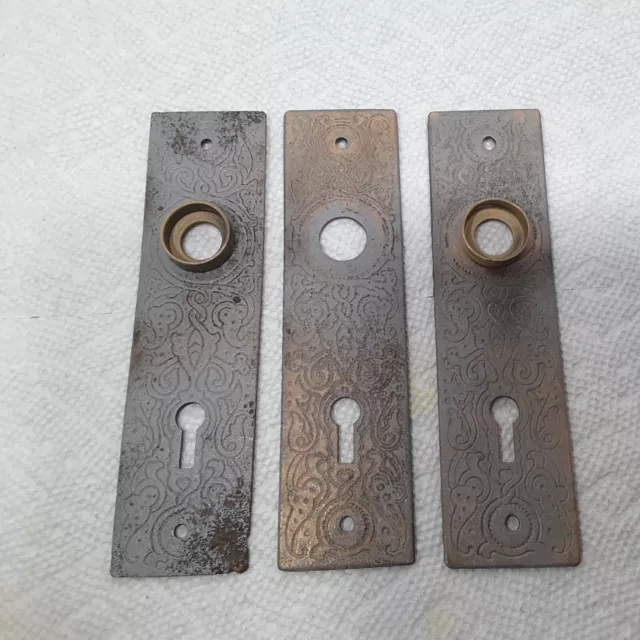 Set 3 Antique Ornate Victorian Vintage Door Knob Back Plates EASTLAKE Style 3