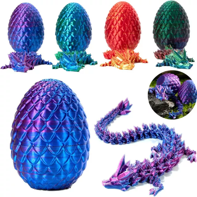 3D-Printed Dragon in Egg, Full Articulated Dragon Crystal Dragon with Dragon Egg