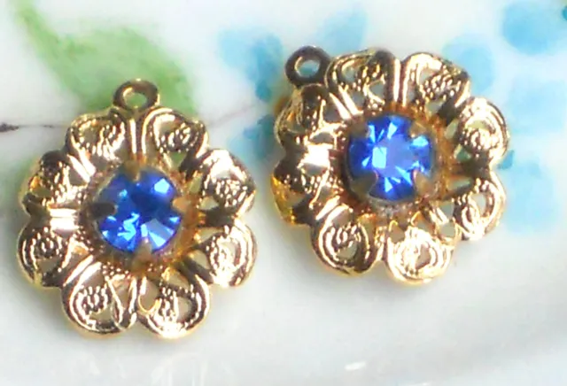 Vintage Charms Drop Dangle Drops Sapphire rhinestone Pendant NOS Filigree #1231C