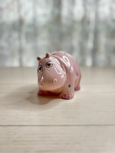 Pink Ceramic Hippo Piggy Bank with Blue Polka Dots Vintage 6” Wide x 5” Tall