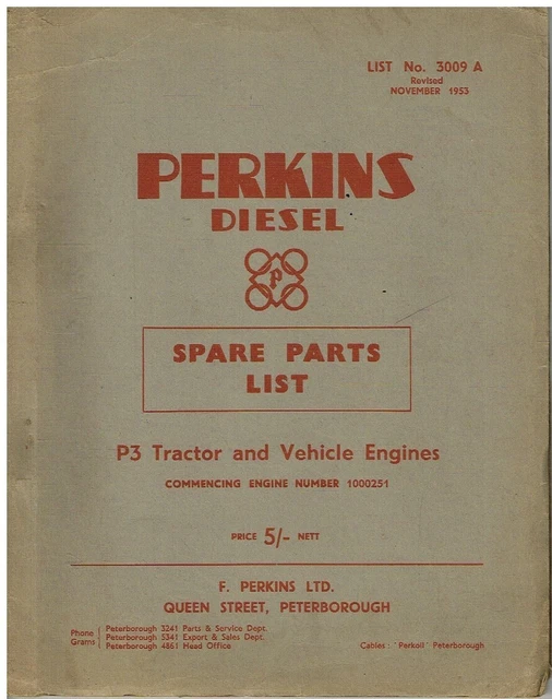 PERKINS P3 TRACTOR Diesel Engine Original 1953 Factory Parts Catalogue