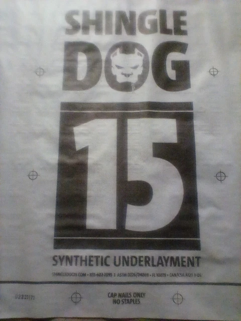 Shingle dog 15 synthetic underlayment, 1k sq. Ft. used 40 ft. Of roll,pickup 