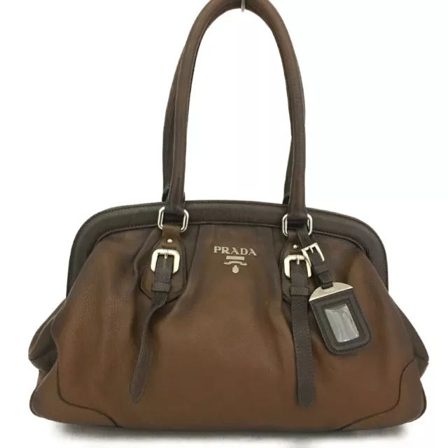 PRADA Logo Brown Leather Frame Shoulder Tote Bag/4X1095