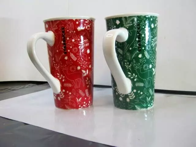 Starbucks Holiday Christmas Forest Tall Coffee Mug Cup 16 oz Green & Red 2 pcs