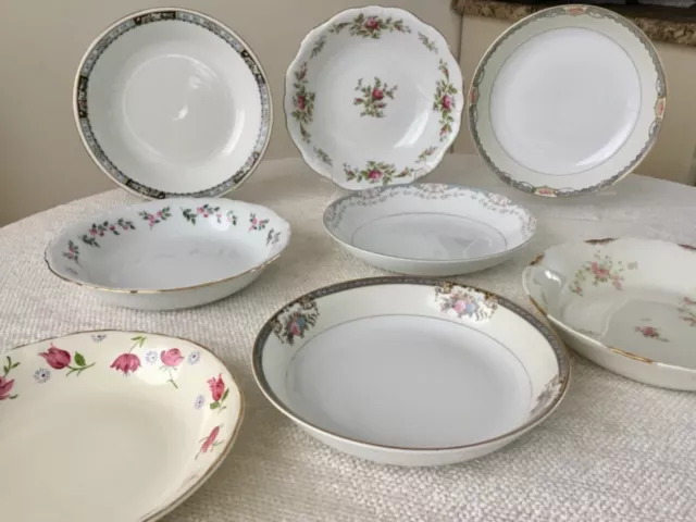 Vtg Mismatched China Soup  Salad Bowls ~ Set of 8 ~ Pink Florals Gold Trim