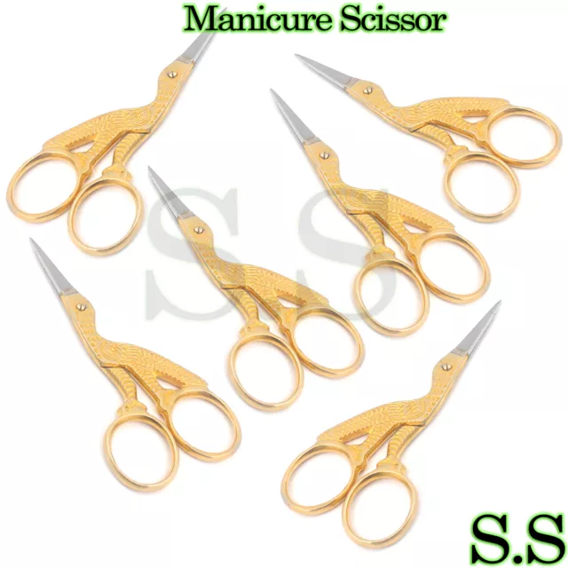 6 pcs Stork Sewing Embroidery ManiCure Scissors Gold Plated 3.5" Bird Shape