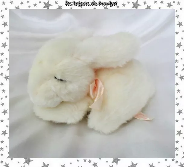 Doudou Peluche Lapin Blanc Couché Noeud Satin Rose Snoozy