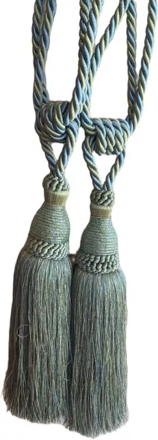 Pair Gold  & Seafoam Tassel Curtain Braided Rope Cord Tie-Backs Beaded Trim