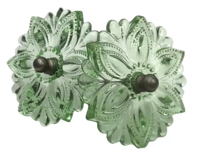Antique Victorian Green Pressed Glass Curtain Drape Tie Backs Flowers Set
