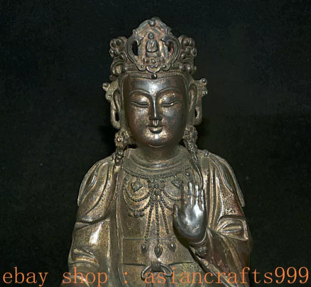 11,2" Altes Tibet Bronze Vergoldete Kwan-yin Guan Yin Göttin Lotus Base Statue 2