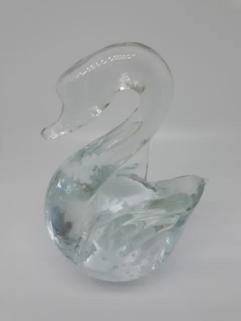 Vintage Controlled Bubbles Clear Art Glass Swan Paperweight Figurine