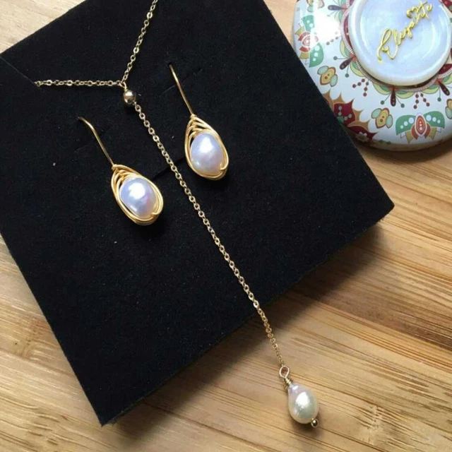 9-10MM Natural White Baroque Pendant Earring Set Gift Pendants Jewelry Craft