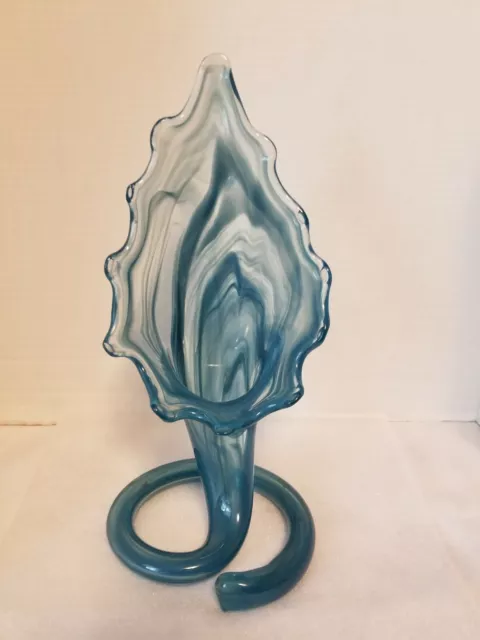 Murano Style Art Glass Tulip Shaped Vase - 12" Tall - Milky Greenish Blue