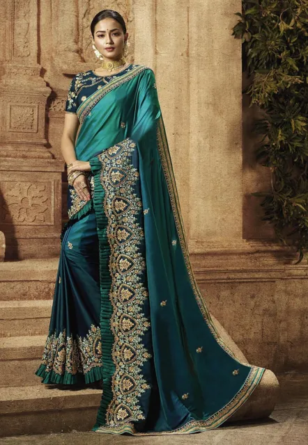 Saree Seide Schwer Sari Bluse Indisch Kleidung Hochzeit Designer Party Bollywood