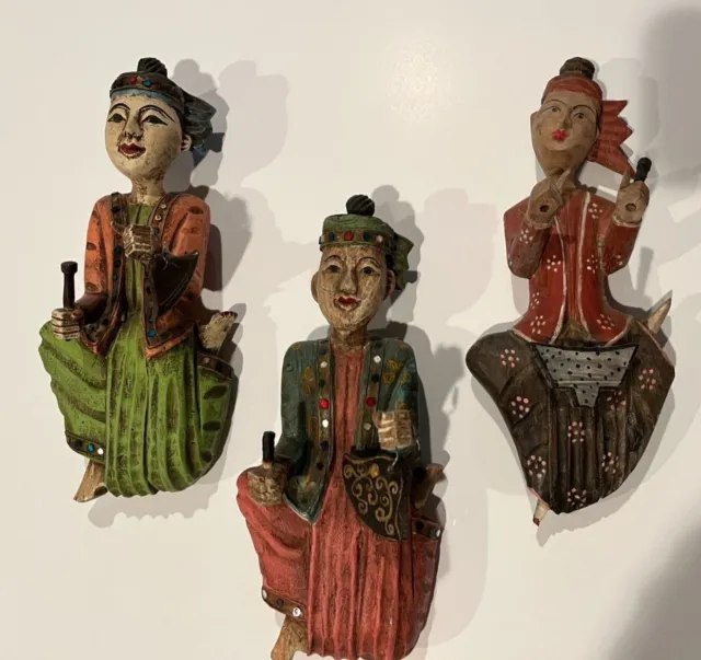 3 Hand Carved Thai Asian Wooden Musicians vintage made in Thailand
