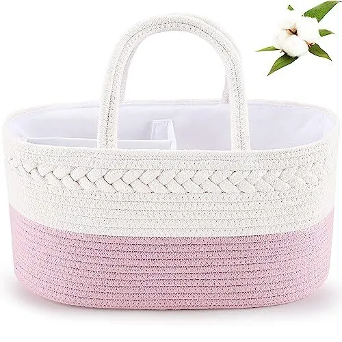 Diaper Caddy Organizer, Stylish Cotton Rope Baby Basket Changing Table Pink
