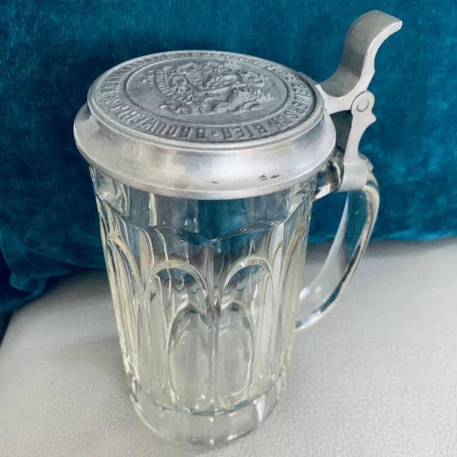 Vintage Glass Beer Stein Antique 1890 ROYAL DUTCH BREWERY Sachsischen Glastabrik