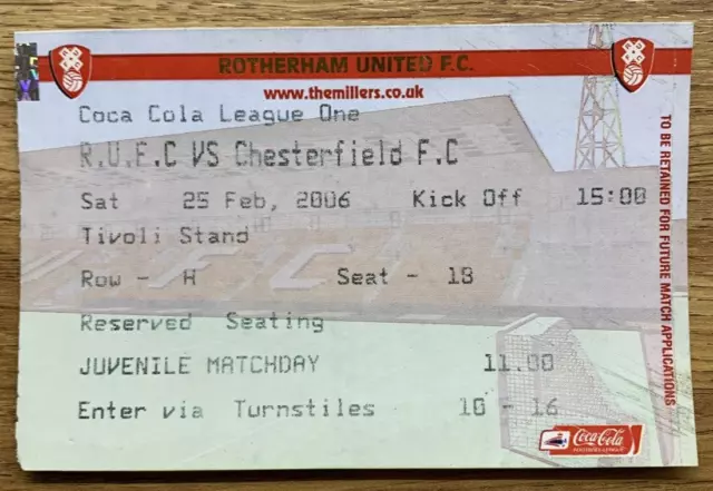 ROTHERHAM UTD v CHESTERFIELD TICKET - 25/02/06 - LEAGUE 1