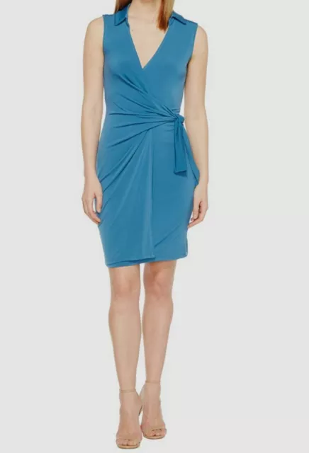 $61 Christin Michaels Women's Blue Gracy V Neck Sleeveless Wrap Dress Size S