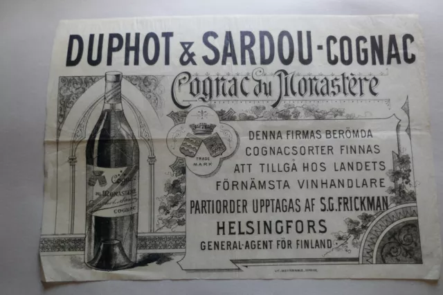 Affiche ancienne COGNAC du MONASTERE DUPHOT et SARDOU  agent FINLANDE WETTERWALD