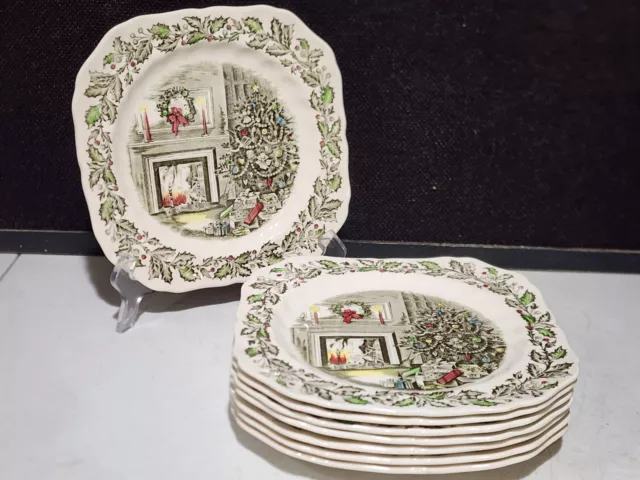 Set Of 8- Johnson Bros England Merry Christmas Square Salad Plates 7 3/4"
