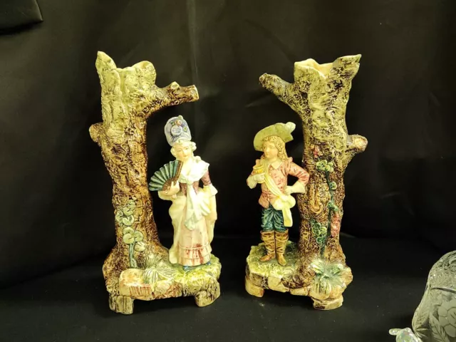 PAIR 19thC Victorian Majolica Pottery Stump French Figural Spill Vases Austria