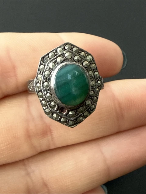 Bague Ancienne Jonc En Argent Massif 925 Avec Malachite - Taille 56