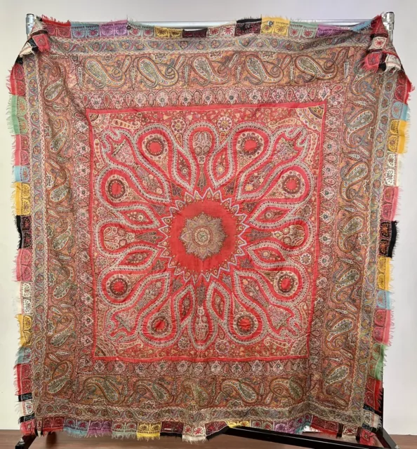 Antique Late 1800's Wool Paisley Hand Embroidered Fine Kashmir Tapestry Textile