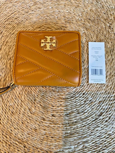 NWT Tory Burch Squash/Rolled Brass Kira Chevron Chain Wallet $328