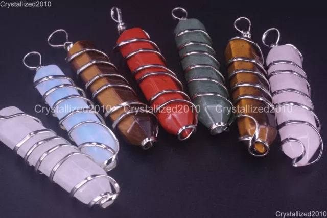 Natural Gemstone Twisted Line Long Hexagonal Reiki Chakra Healing Pendant Beads