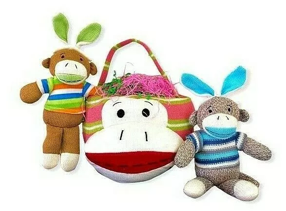 Dan Dee Sock Monkey Bunny Lot: Easter Basket + 2 Sock Monkeys Blue & Green 3pcs
