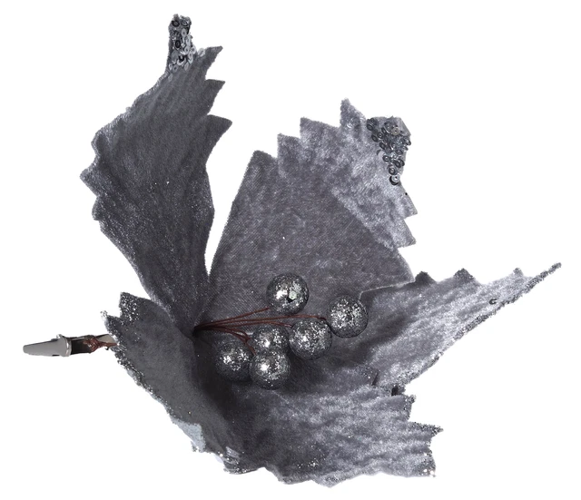 Clip On Grey 23cm Poinsettia Flower Christmas Tree Decorations - Set of 6